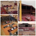 مجموعة من الخيام الملونة المصطفة على العشب الأخضر، محاطة بأدوات النزهة والتخييم مثل الشوايات والكراسي القابلة للطي وحقائب النوم.